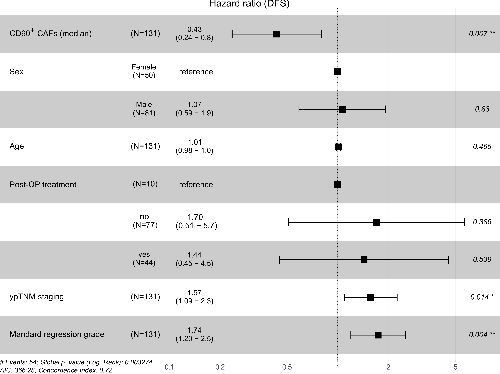 Multivariate Cox proportional Hazard model for Disease-Free Survival (DFS), including the following variables: Fraction of CD90+ CAF areas interacting with epithelial tissue (split in two groups using the median); Age of the patient; Treatment received after resection (yes / no); ypTNM staging (I / II / III / IV); Mandard regression grade (1-5)